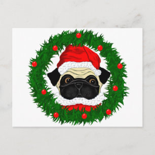 Cute Christmas Pug Santa in Wreath Holiday Postcard