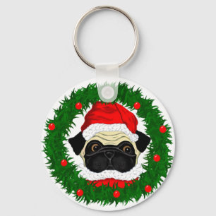 Cute Christmas Pug Santa in Wreath Keychain