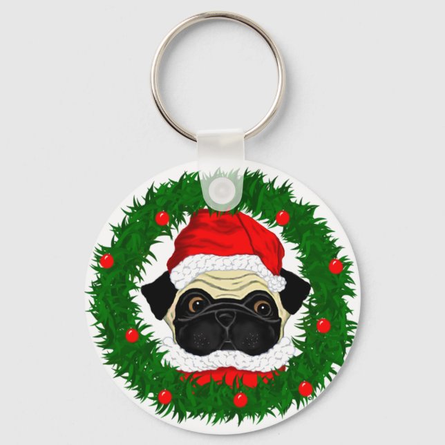 Cute Christmas Pug Santa in Wreath Keychain (Front)