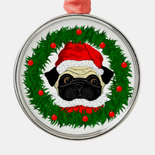 Cute Christmas Pug Santa in Wreath Metal Ornament