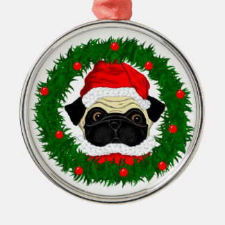 Cute Christmas Pug Santa in Wreath Metal Ornament