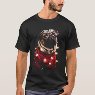 Cute Christmas Pug with Glasses Santa Hat Festive T-Shirt