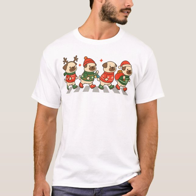 Cute Christmas Pugs Crossing in Festive Sweaters (Front)