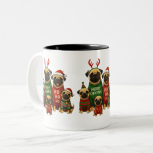 🎄 Cute Christmas Pugs in Festive Sweaters  Two-Tone Coffee Mug