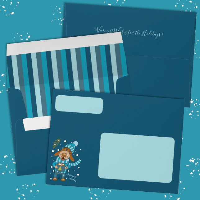 Cute Christmas Pup Blue Holiday Envelope (Festive blue Holiday envelope with dog drinking hot cocoa on the outside and stripes on the inside .)