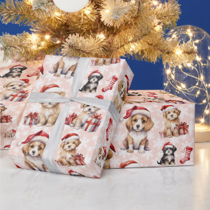 Cute Christmas Puppies and Stockings  Wrapping Paper