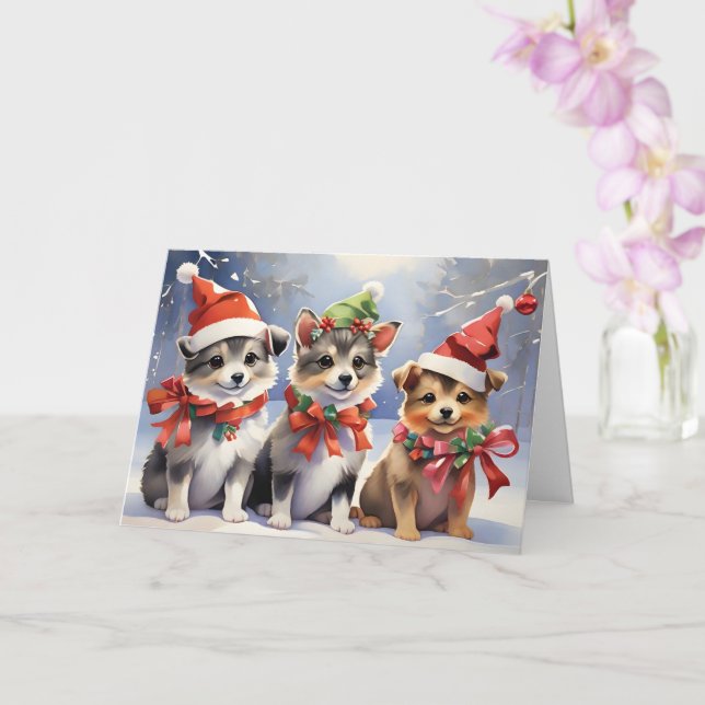 Cute Christmas Puppies with Santa Hats  Card (Orchid)