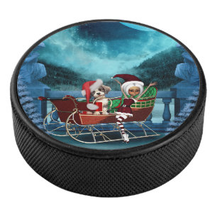 Cute christmas puppy and elf hockey puck