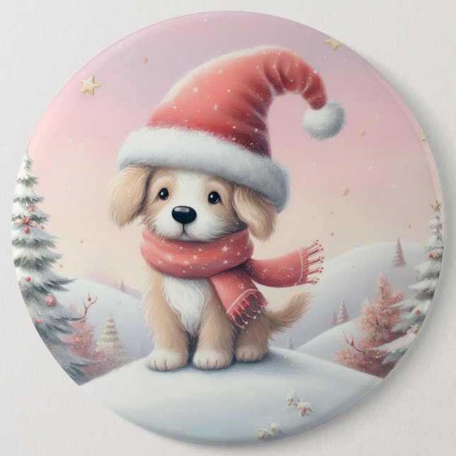 Cute Christmas puppy in santa hat 6 Inch Round Button (Front)
