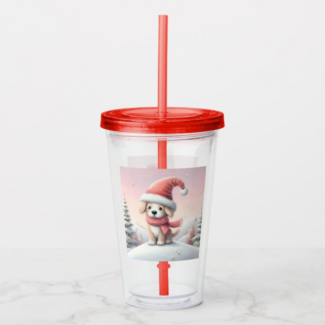 Cute Christmas puppy in santa hat Acrylic Tumbler (Front)