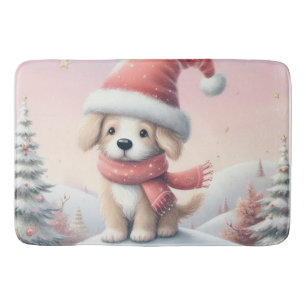 Cute Christmas puppy in santa hat Bath Mat
