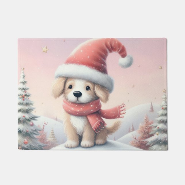 Cute Christmas puppy in santa hat Doormat (Front)