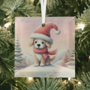 Cute Christmas puppy in santa hat Glass Ornament