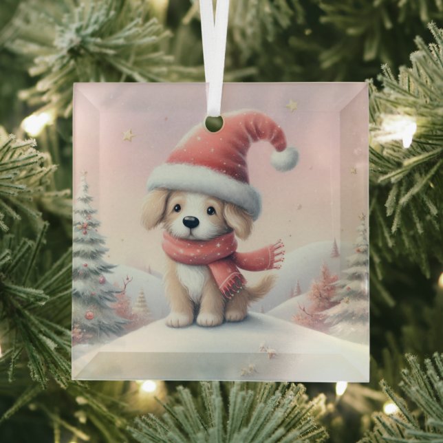 Cute Christmas puppy in santa hat Glass Ornament (Insitu)