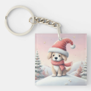 Cute Christmas puppy in santa hat Keychain