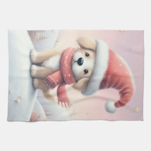 Cute Christmas puppy in santa hat Kitchen Towel
