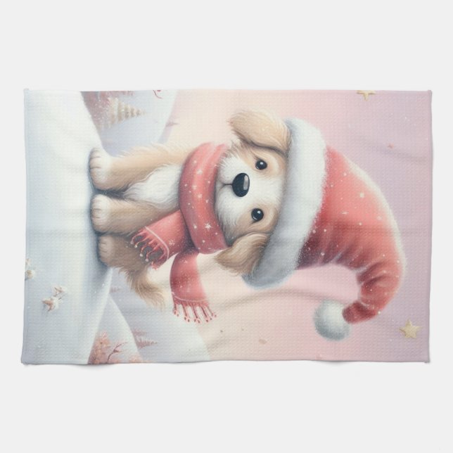 Cute Christmas puppy in santa hat Kitchen Towel (Horizontal)