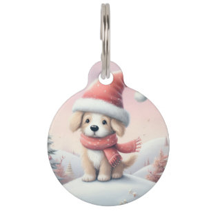 Cute Christmas puppy in santa hat Pet Tag
