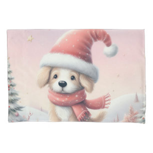 Cute Christmas puppy in santa hat Pillowcase