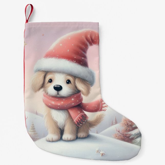Cute Christmas puppy in santa hat Small Christmas Stocking (Front)