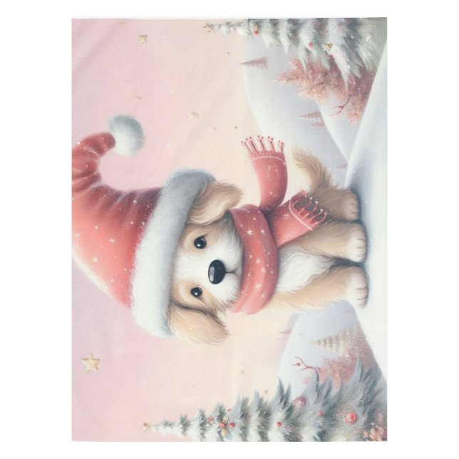 Cute Christmas puppy in santa hat Tablecloth (Front)