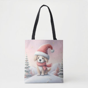 Cute Christmas puppy in santa hat Tote Bag