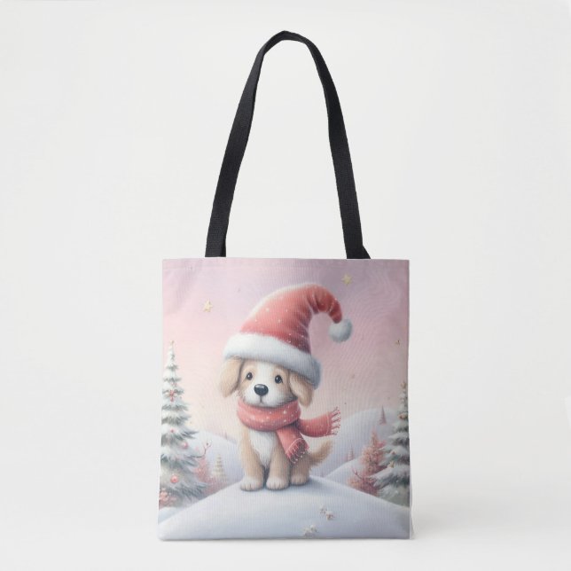 Cute Christmas puppy in santa hat Tote Bag (Front)