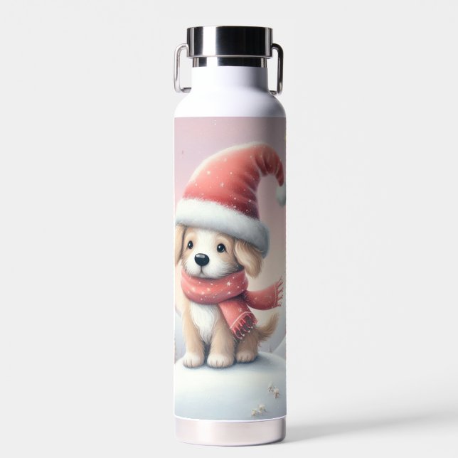 Cute Christmas puppy in santa hat Water Bottle (Front)