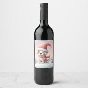 Cute Christmas puppy in santa hat Wine Label