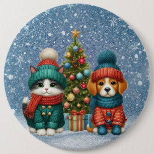Cute Christmas puppy & kitten 6 Inch Round Button