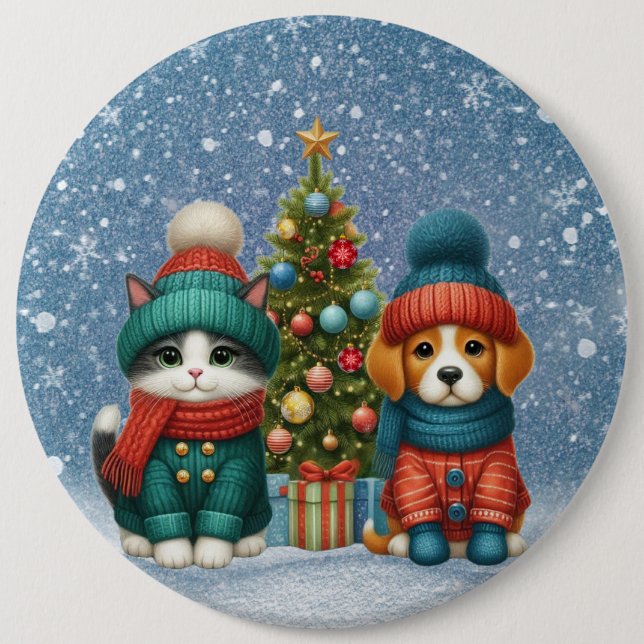 Cute Christmas puppy & kitten 6 Inch Round Button (Front)