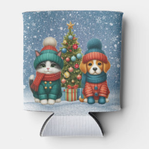 Cute Christmas puppy & kitten Can Cooler
