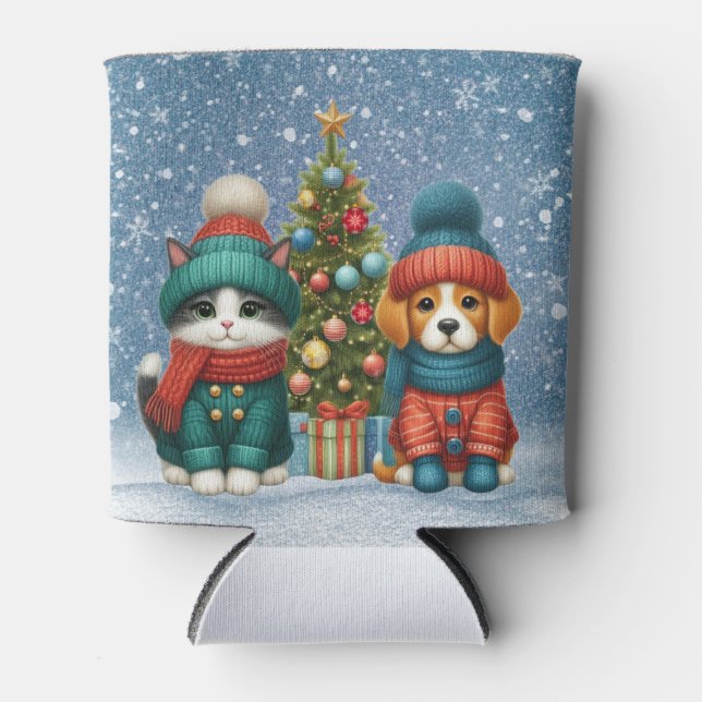 Cute Christmas puppy & kitten Can Cooler (Front)