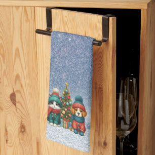 Cute Christmas puppy & kitten Kitchen Towel