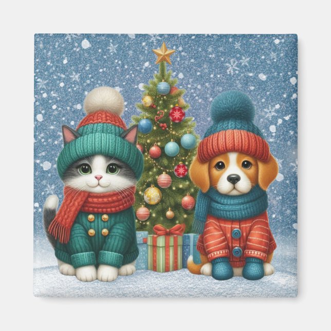 Cute Christmas puppy & kitten Magnet (Front)