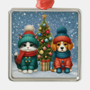 Cute Christmas puppy & kitten Metal Ornament