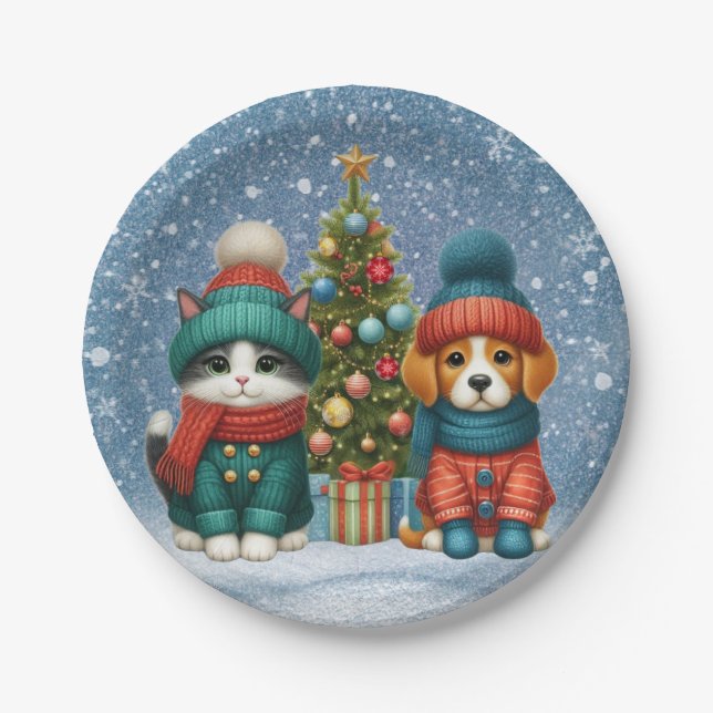 Cute Christmas puppy & kitten Paper Plate (Front)