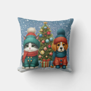 Cute Christmas puppy & kitten Throw Pillow