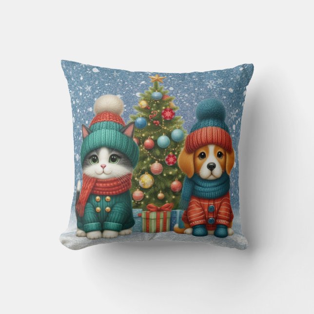 Cute Christmas puppy & kitten Throw Pillow (Front)