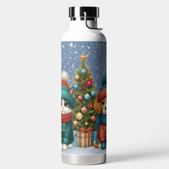 Cute Christmas puppy & kitten Water Bottle (Left)