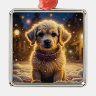 Cute Christmas Puppy on a Snowy Night Metal Ornament