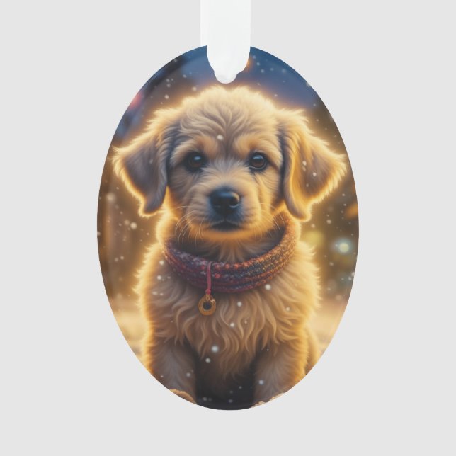 Cute Christmas Puppy on a Snowy Night Personalized Ornament (Front)