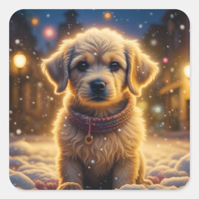 Cute Christmas Puppy on a Snowy Night Square Sticker (Front)