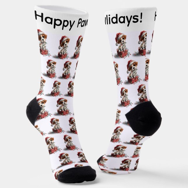 Cute Christmas Puppy on Gift Box Socks (Angled)