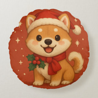 Cute Christmas Puppy Round Pillow