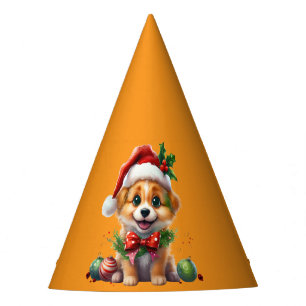 Cute Christmas Puppy with Santa Hat and Bow