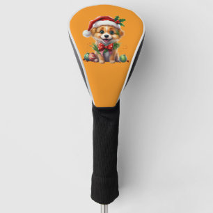 Cute Christmas Puppy with Santa Hat and Bow Golf Head Cover