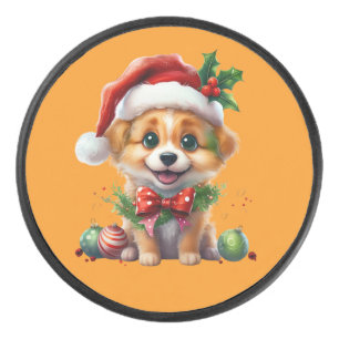Cute Christmas Puppy with Santa Hat and Bow Hockey Puck