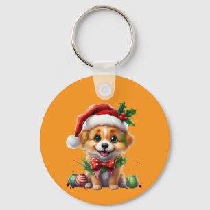 Cute Christmas Puppy with Santa Hat and Bow Keychain