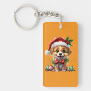 Cute Christmas Puppy with Santa Hat and Bow Keychain